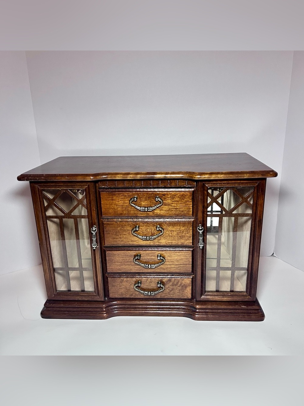 Vintage Wood Jewelry Box Armoire Classic 2 Glass Doors 4 Drawers